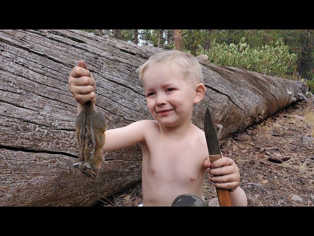 Survival Camping with 4 yr Old - Trapping, Knapping, Friction Fire & Campfire Cooking