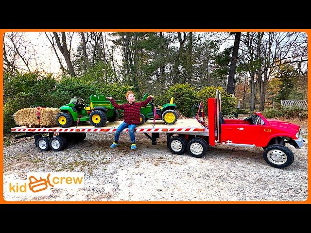 Farm delivery with kids ride on semi truck and trailer, tractor, forklift. Educational | Kid Crew