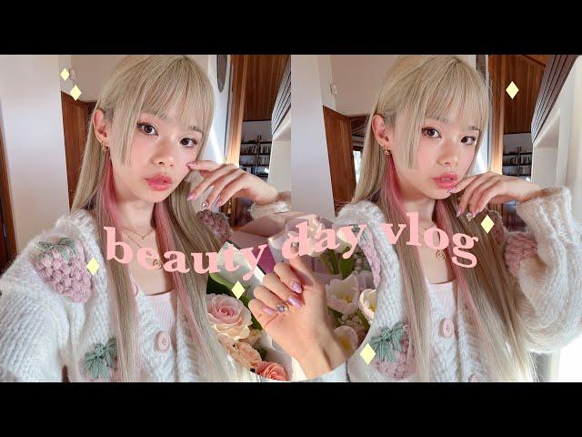 beauty day vlog  6 hour hair transformation, white blonde & hime cut! + korean nail art manicure 