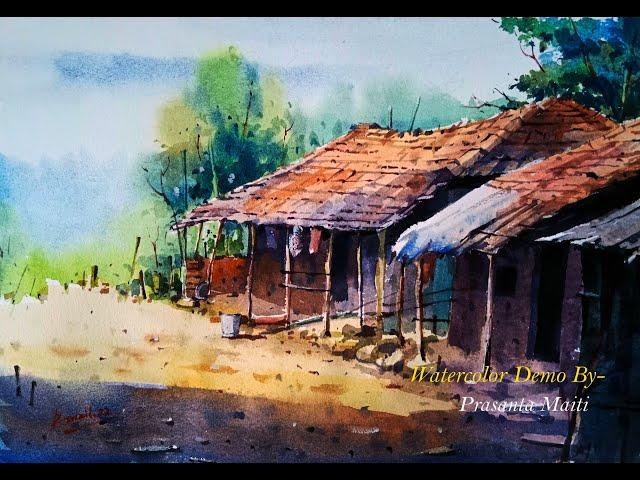 Watercolor village  painting demo by prasanta maiti | Landscape Painting.