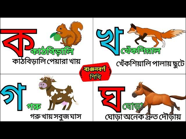 ক তে কাঠবিড়ালি পেয়ারা খায় | খ তে খেকশিয়াল পালায় ছুটে | গ তে গরু খায় সবুজ ঘাস | ঘ তে ঘোড়া দ্রুত দৌড়ায়