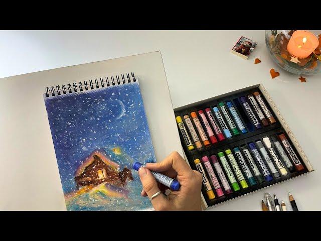 drawing a winter holiday landscape with soft pastel