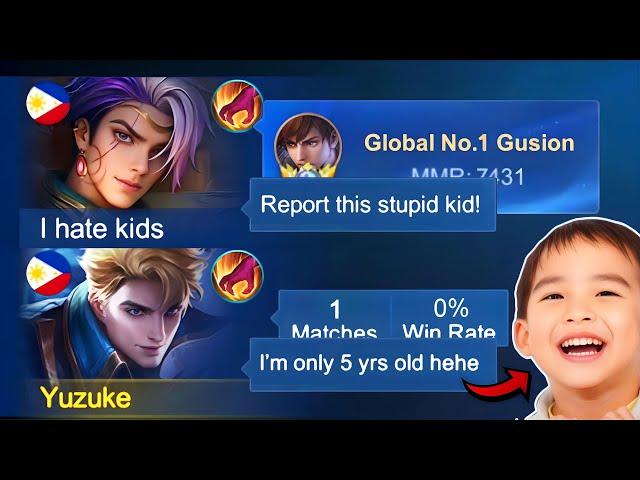 I PRETEND TO BE KID IN SOLO RANK! (then i met real top 1 global gusion and challenge me 1v1!)