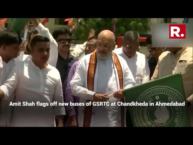 Gujarat: Amit Shah flags off new buses of GSRTC at Chandkheda in Ahmedabad