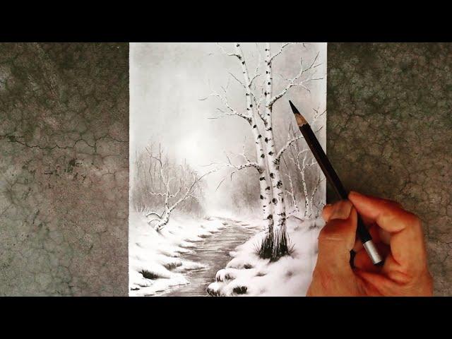 A pencil drawing of birch trees with winter landscape easy ways.