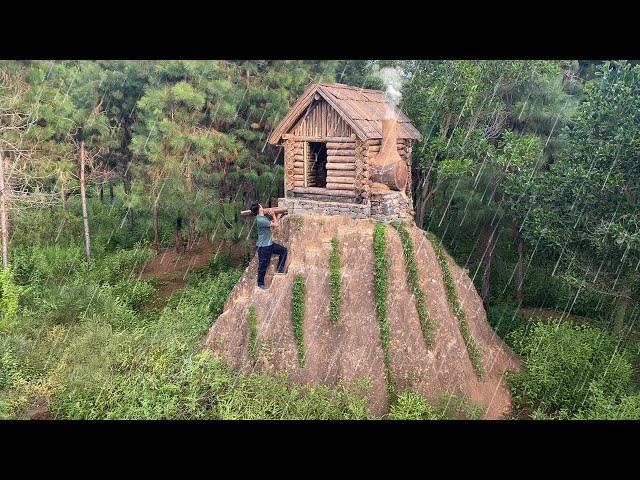 30 Days Building Wooden House On a Mountain, Clay Fireplace,  Fish Trap, Catch and Cook