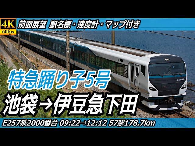 【4K60fps前面展望】特急踊り子5号 E257系2000番台 湘南新宿ライン・JR東海道本線・伊東線・伊豆急行線 前面展望 池袋→伊豆急下田【駅名標&速度計付き前面展望】