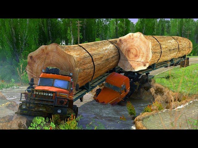 Two Large Timber Trucks Stuck in River - Spintires Mudrunner