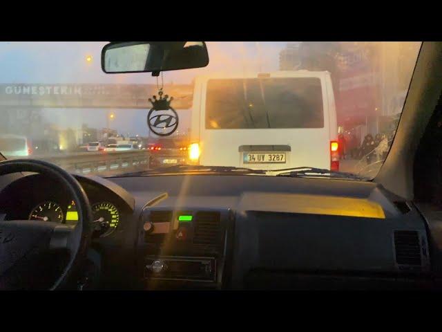 Traveling in an old car on a cold morning