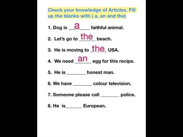 Check your knowledge of Articles (a, an and the)/ fill in the blank with suitable article