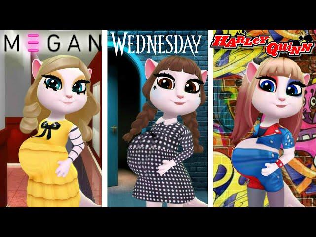 Pregnant M3GAN vs Pregnant Wednesday Addams vs Harley Quinn Pregnant // My Talking Angela 2