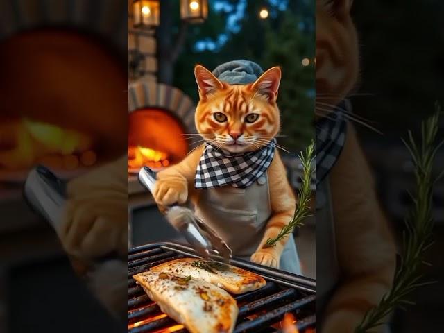 Anthropomorphic Orange Tabby Cat Chef: Rustic Outdoor Fish Cooking #CatVideos #shorts #CatLife