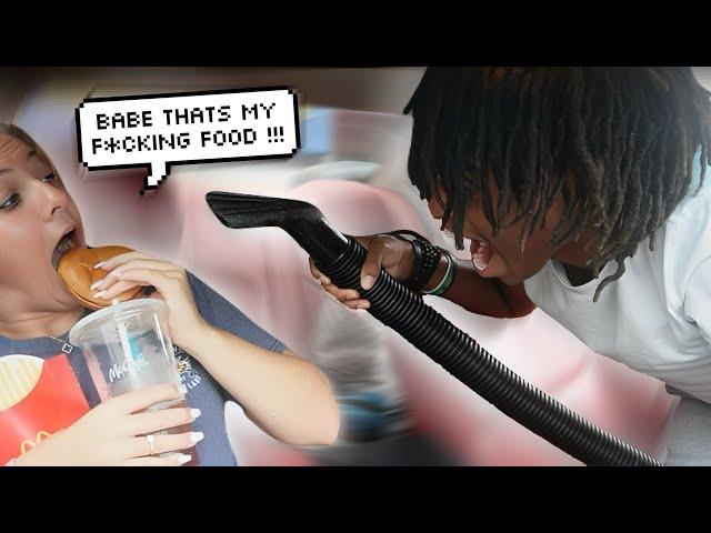 VACUUMING MY GIRLFRIENDS FOOD PRANK *I THREW IT ON HER…BAD IDEA* 