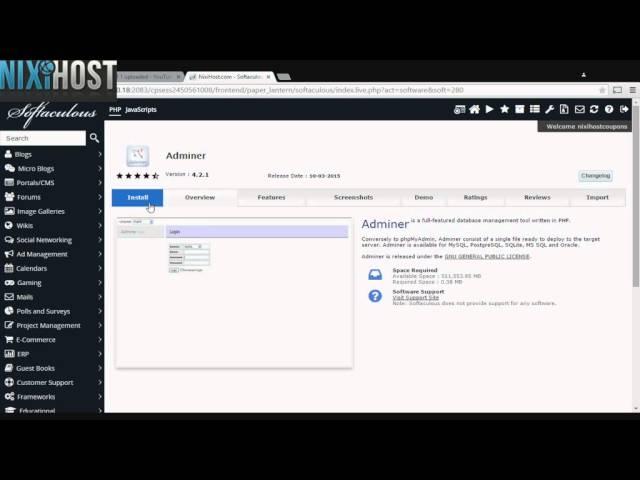 Installing Adminer with Softaculous in cPanel