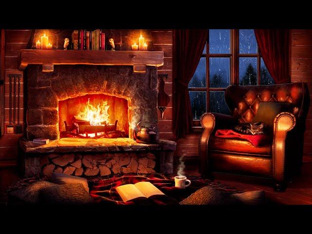 Stormy Night Cozy Cabin Ambience with Relaxing Rain and Fireplace Sounds for Sleeping and Reading