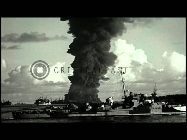 Burning USS Mississinewa torpedoed at Ulithi in Pacific. HD Stock Footage