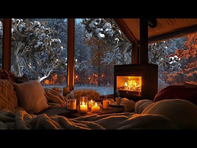 Relaxing Winter Snowfall with Soft Jazz Music on Cozy Cabin Ambience  Fireplace Sounds for Unwind