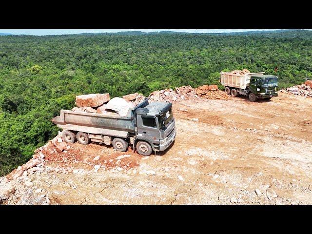 Extreme Huge Mountain Land Filling Up Truck Skills Dumping Stone Bulldozer Clearing Stone