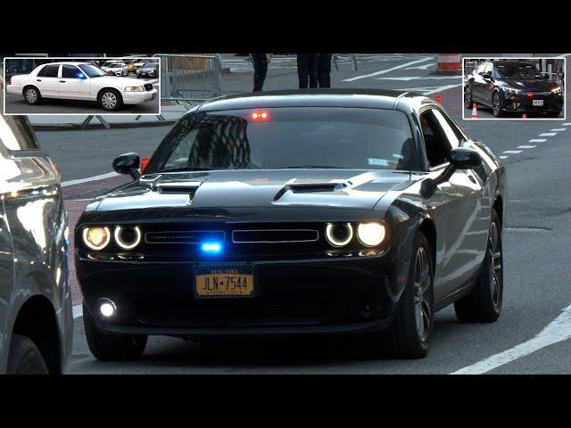 Dodge Challenger, Crown Victoria, interesting police cars and security in New York for UN week