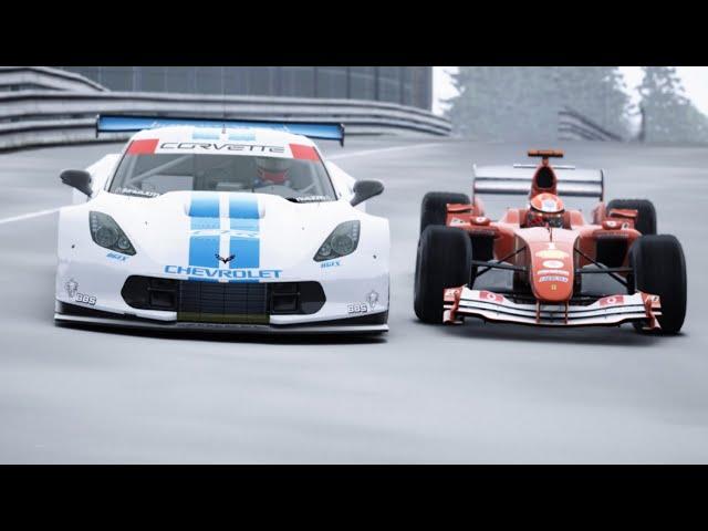 Michael Schumacher F1 Ferrari F2004 vs GT3 Racing Cars at Nordschleife in the Rain