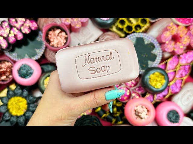 Relaxing ASMR Soap Art: Crushing Colorful Soap, Cutting cubes,Creating with Glitter Starch and Foam!