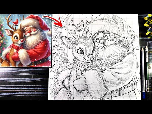 Santa Claus drawing With Reindeer, Merry Christmas Drawing, How To Draw Santa Claus,Outline Tutorial