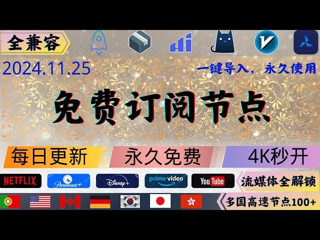 2024.11.25 科学上网免费节点分享，解锁奈飞，ChatGPT，晚高峰4K秒开欧美日韩多国节点数量100+，，v2ray，clash，小火箭,一键导入，永久使用#科学上网 #免费节点 #节点分享