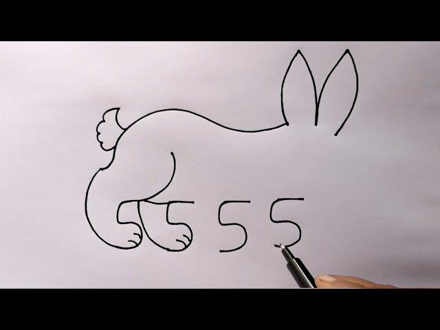 How To Turn 5555 Into Rabbit | Rabbit Drawing Sketch Used Number | Rabbit Drawing Simple