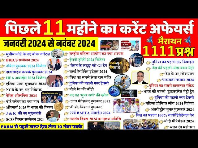 Last 11 Months Current Affairs 2024 | January 2024 To November 2024 | Important Current Affairs 2024