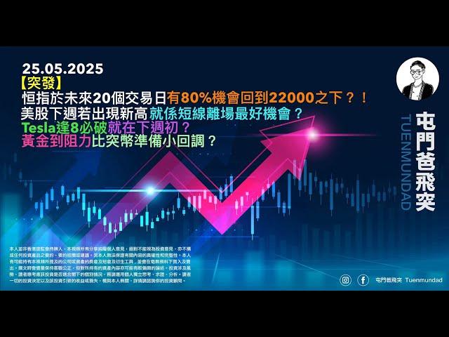 2025年5月25日 【突發】恒指於未來20個交易日有80%機會回到22000之下？！美股下週若出現新高就係短離場最好機會？Tesla逢8必破就在下週初？黃金到阻力比突幣準備小回調？