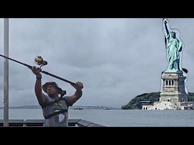 Urban Fishing in the Fog by the Statue of Liberty in NYC