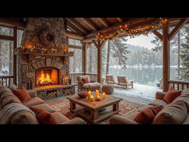 Winter Wood Cabin with Warm Fireplace Ambience  Smooth Jazz Piano Music for Holiday Retreat