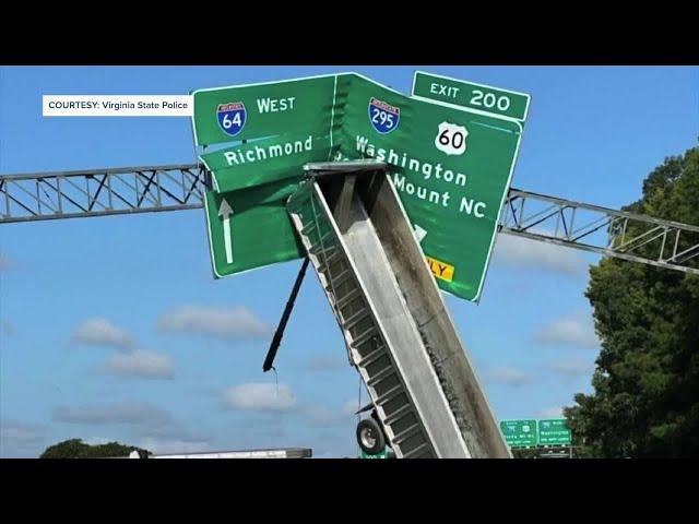 Semi’s trailer crashes into I-64 sign; interstate closed for hours