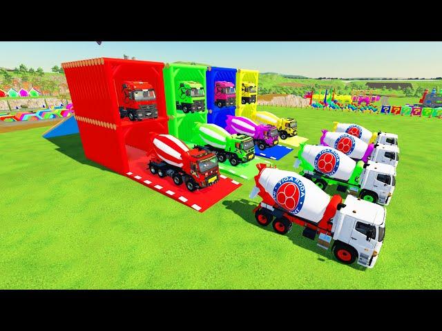 TRANSPORTING COLORED CONCRETE TRUCK TO GARAGE WITH FLATBED TRAILER TRUCK,MERCEDES MP3,HINO,VOLVO