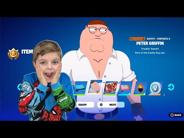 My 10 Year Old Kid Reaction To Me Giving Him NEW Tier 100 Battle Pass Unlocking PETER GRIFFIN Skin