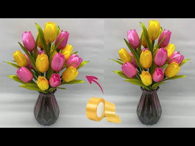 DIY Easy Satin Ribbon Flower Tulips | How To Make Tulip Flower With Satin Ribbon