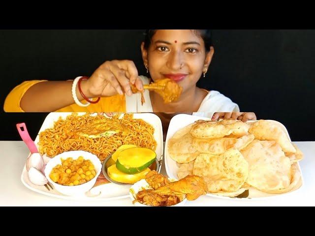 Eating Spicy  Chicken  Leg piece Curry, Spicy  Egg Maggi, Spicy  Chicken Ghugni, Luchi & Mango