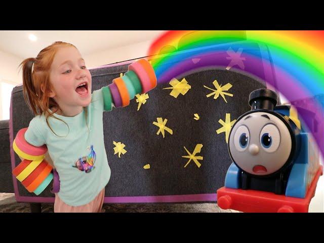 ADLEY SAVES TAPE TOWN!!  Building a play pretend neighborhood, movie theatre, & restaurant with Niko