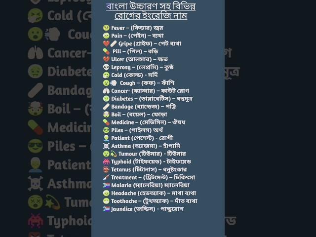 বাংলা উচ্চারণ সহ ইংরেজিতে কিছু রোগের নাম#english #vocabulary