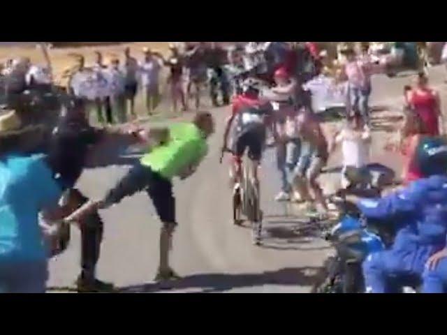 Fan pushed in front of Moto by Policeman and causes Crash on Stage 12 of 2017 Vuelta a Espana