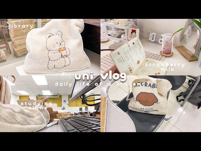 daily vlog ⋆｡˚ strawberry milk, library study sessions, studying alone, college life 