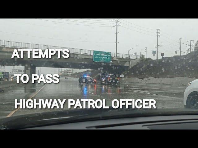 Driver Attempts to Pass highway Patrol (CHP OFFICER) traffic stop.