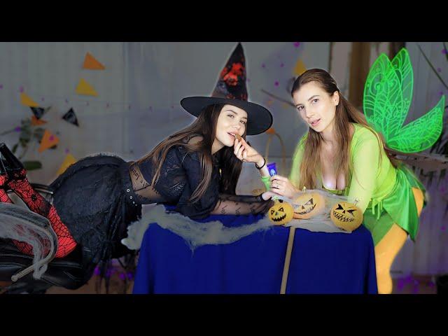 Dramatic Feeding Candy and cleaning disaster. Witch and Fairy Halloween Boss & Secretary. 