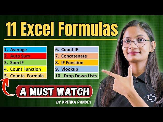 11 Excel Formulas and Functions | Average, Auto Sum, Sum If, Count If, VLOOKUP, Drop Down List | CTA