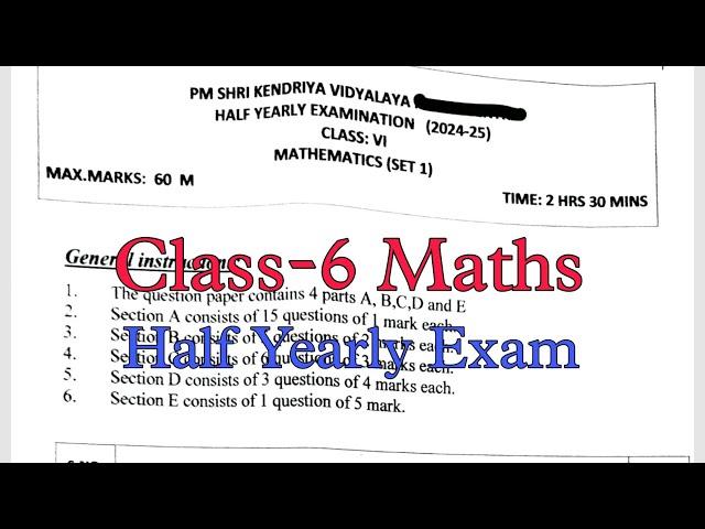 Class-6 MATHS Half Yearly Exam Question Paper / Session 2024-25 PM Shri Kendriya Vidyalaya 2024