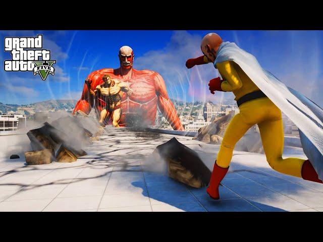 GTA 5 - Saitama VS Colossal Titan and Armored Titan | Epic Anime Fight!!