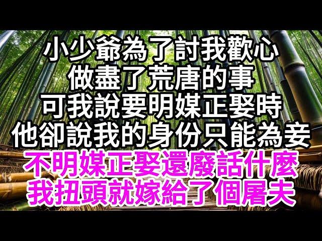 小少爺為了討我歡心，做盡了荒唐的事，可我說要明媒正娶時，他卻說我的身份只能為妾，不明媒正娶還廢話什麼，我扭頭就嫁給了個屠夫 【美好人生】