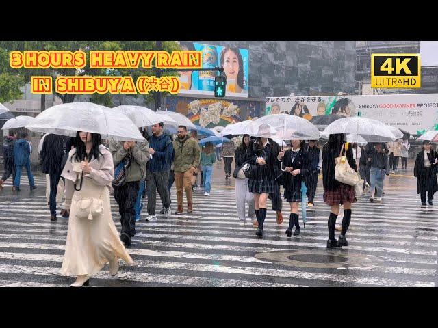 【4k hdr】 3 Hours Heavy Rain Walk in Shibuya (渋谷) Tokyo Japan | Relaxing Natural City ambience