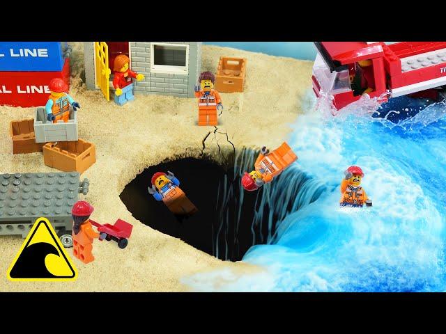 Wave Machine VS Lego City Dock - Surprise Sinkhole - Lego Ship Sinking Tsunami Dam Breach Experiment