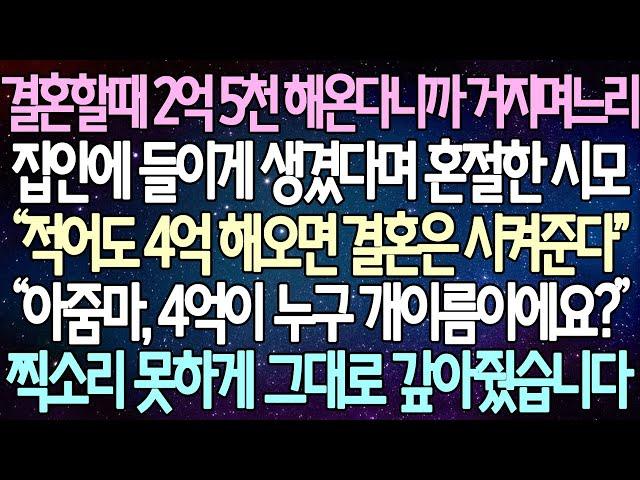 (반전 사연) 결혼할때 2억 5천 해온다니까 거지 며느리 집안에 들이게 생겼다며 혼절한 시모 “아줌마, 4억이 누구 개이름이에요?” 찍소리 못하게 그대로 갚아주는데 /사이다사연